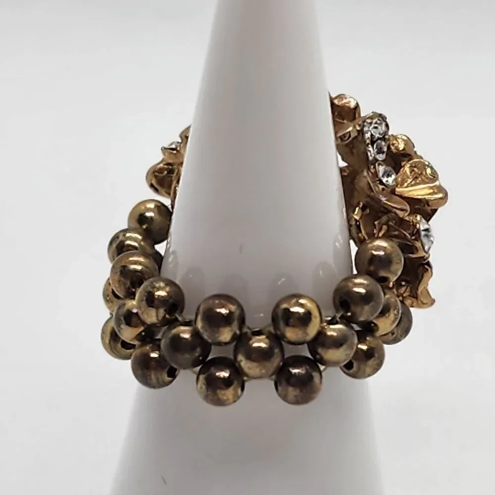 Roman Gold Tone & Clear Rhinestone Flower Cluster Stretchy Ring